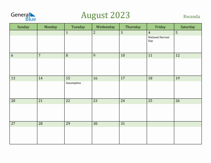 August 2023 Calendar with Rwanda Holidays