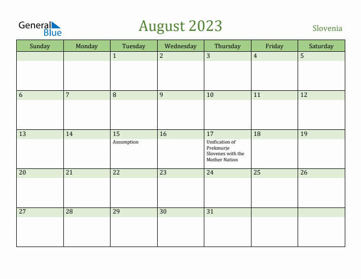 August 2023 Calendar with Slovenia Holidays