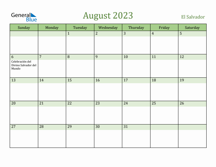 August 2023 Calendar with El Salvador Holidays