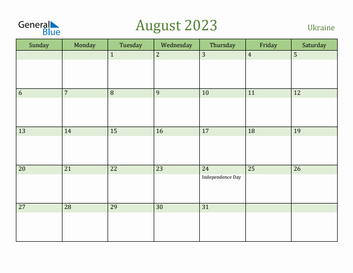 August 2023 Calendar with Ukraine Holidays