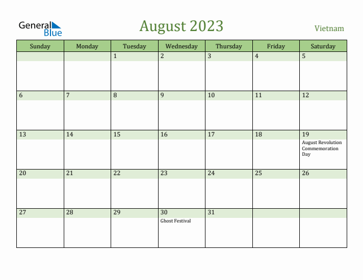 August 2023 Calendar with Vietnam Holidays