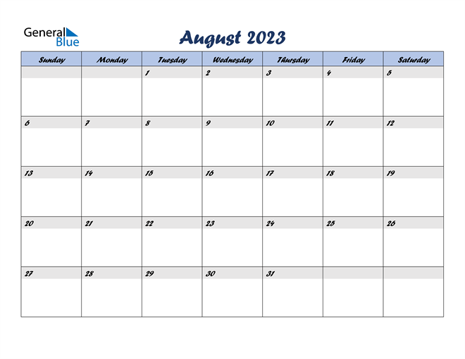  August 2023 Blue Calendar