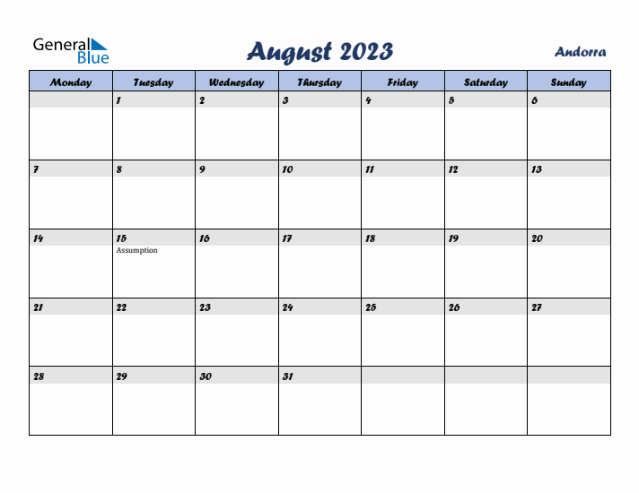 August 2023 Calendar with Holidays in Andorra