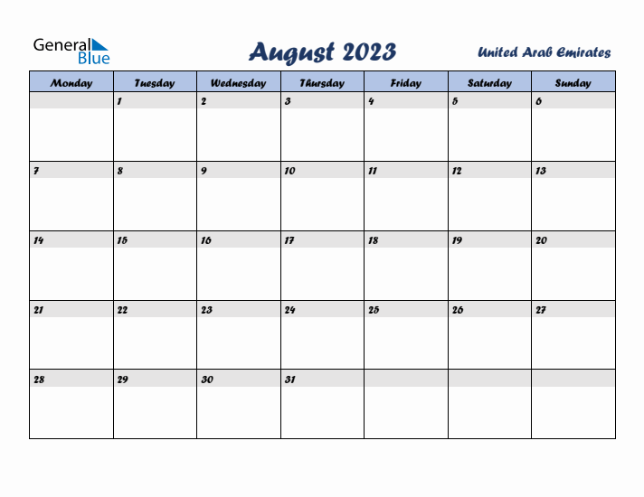 August 2023 Calendar with Holidays in United Arab Emirates