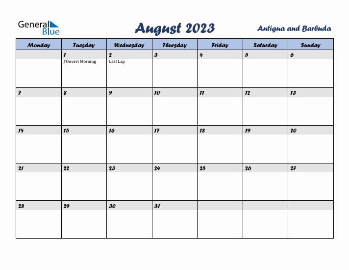 August 2023 Calendar with Holidays in Antigua and Barbuda