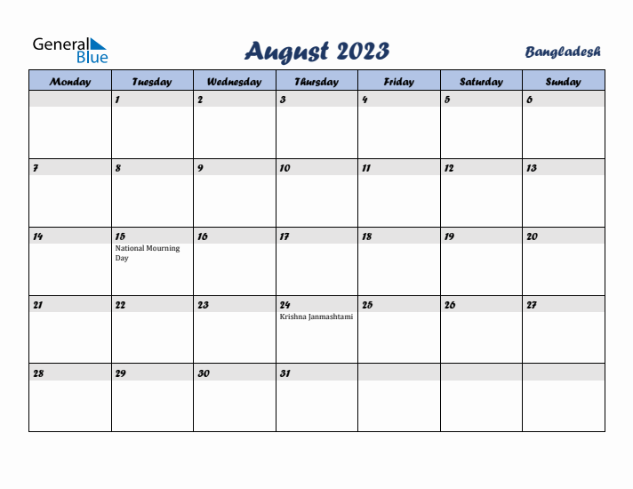 August 2023 Calendar with Holidays in Bangladesh