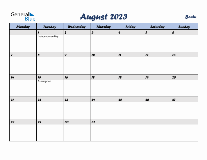 August 2023 Calendar with Holidays in Benin