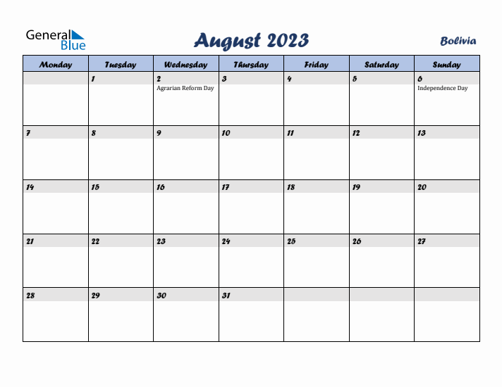 August 2023 Calendar with Holidays in Bolivia