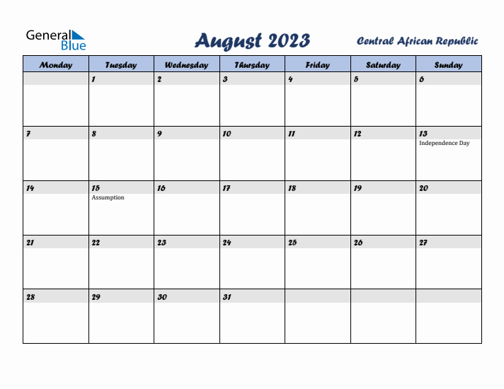 August 2023 Calendar with Holidays in Central African Republic