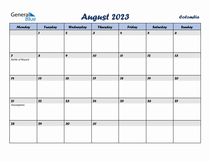 August 2023 Calendar with Holidays in Colombia