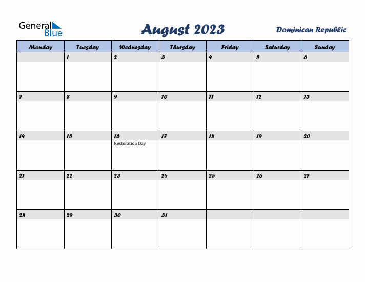 August 2023 Calendar with Holidays in Dominican Republic