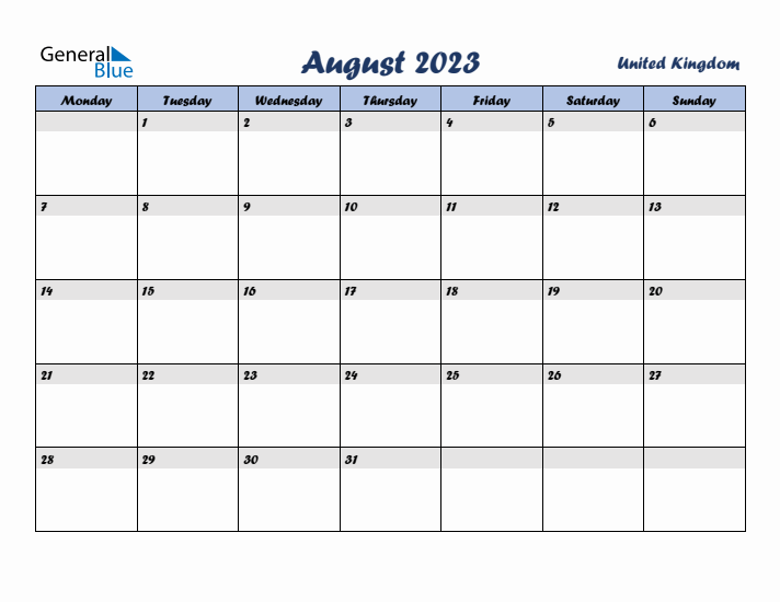 August 2023 Calendar with Holidays in United Kingdom