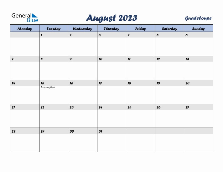 August 2023 Calendar with Holidays in Guadeloupe