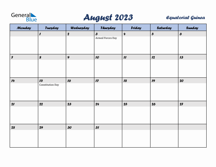 August 2023 Calendar with Holidays in Equatorial Guinea