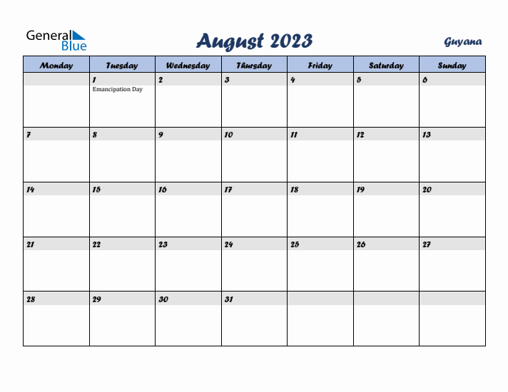 August 2023 Calendar with Holidays in Guyana