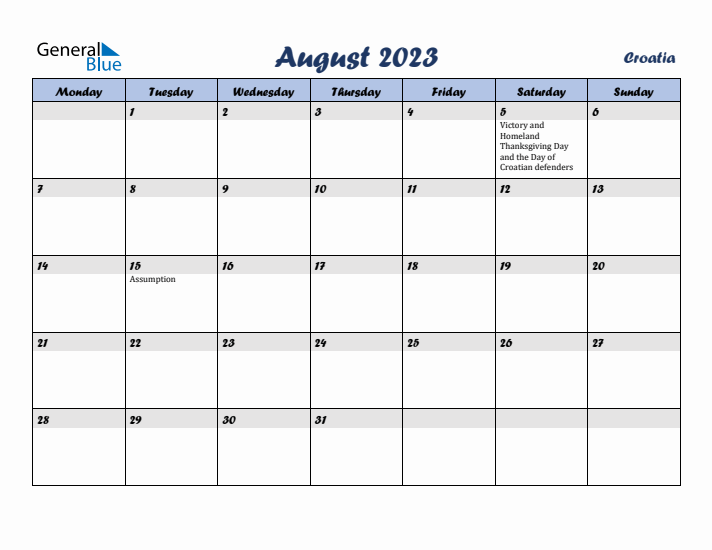 August 2023 Calendar with Holidays in Croatia
