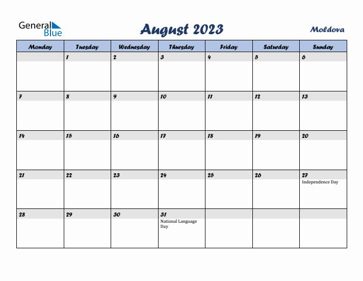 August 2023 Calendar with Holidays in Moldova