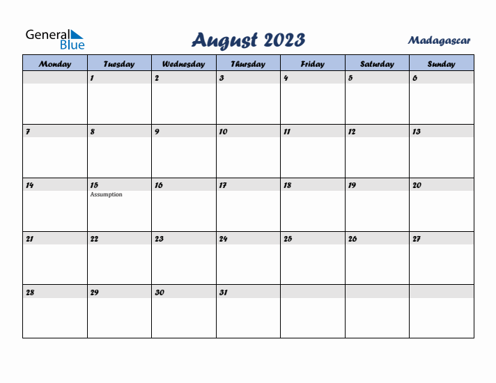 August 2023 Calendar with Holidays in Madagascar