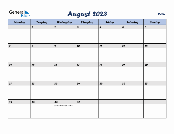 August 2023 Calendar with Holidays in Peru