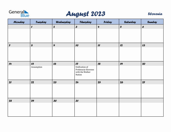 August 2023 Calendar with Holidays in Slovenia