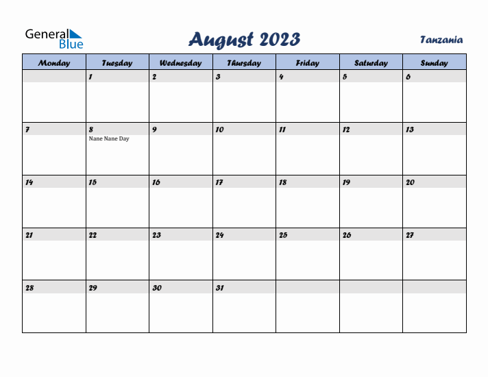 August 2023 Calendar with Holidays in Tanzania