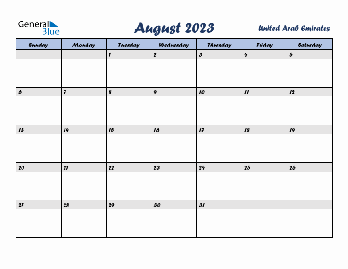 August 2023 Calendar with Holidays in United Arab Emirates