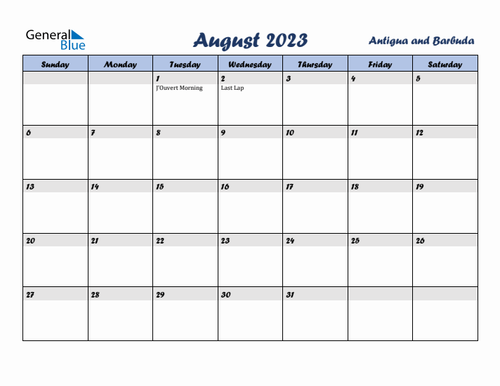 August 2023 Calendar with Holidays in Antigua and Barbuda