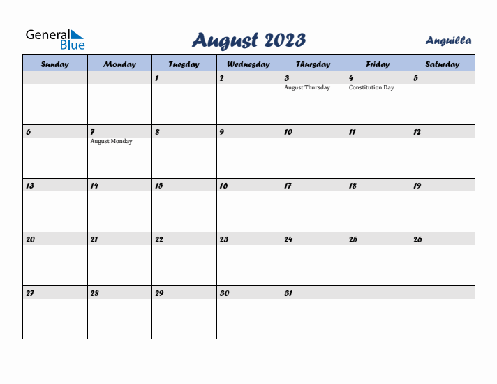 August 2023 Calendar with Holidays in Anguilla