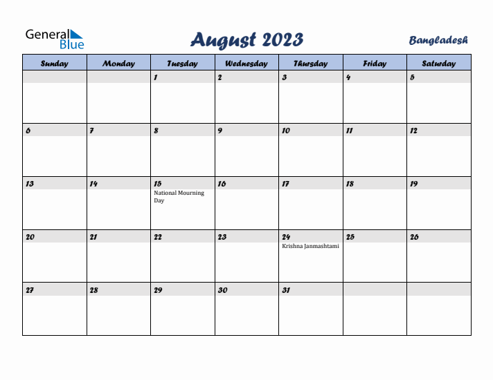 August 2023 Calendar with Holidays in Bangladesh