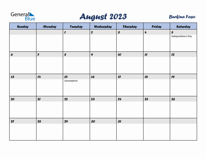 August 2023 Calendar with Holidays in Burkina Faso