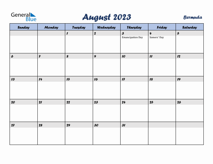 August 2023 Calendar with Holidays in Bermuda