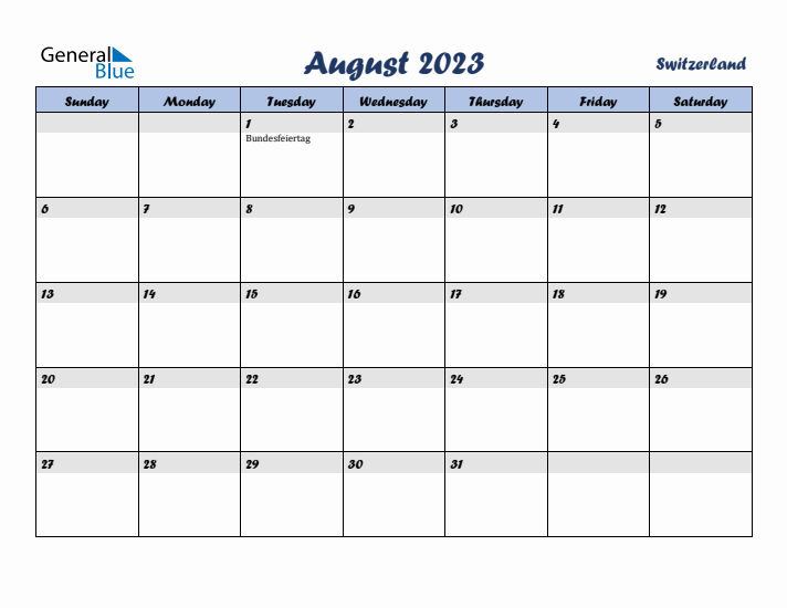 August 2023 Calendar with Holidays in Switzerland