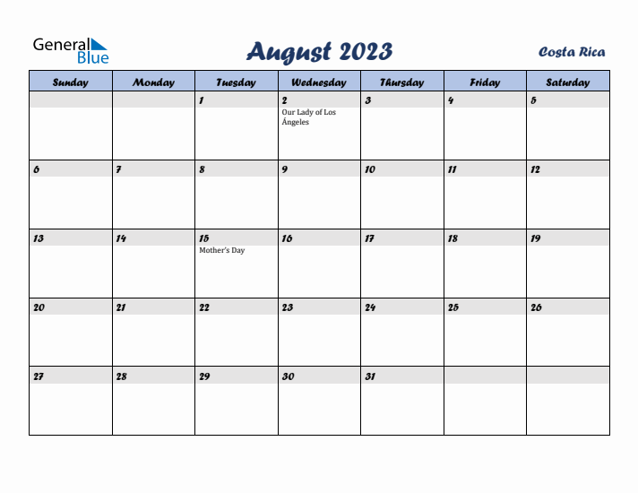 August 2023 Calendar with Holidays in Costa Rica
