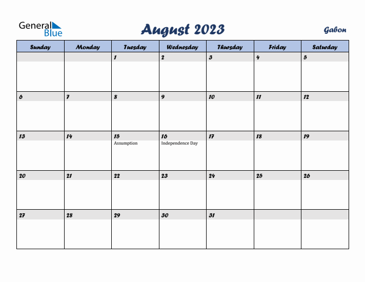 August 2023 Calendar with Holidays in Gabon