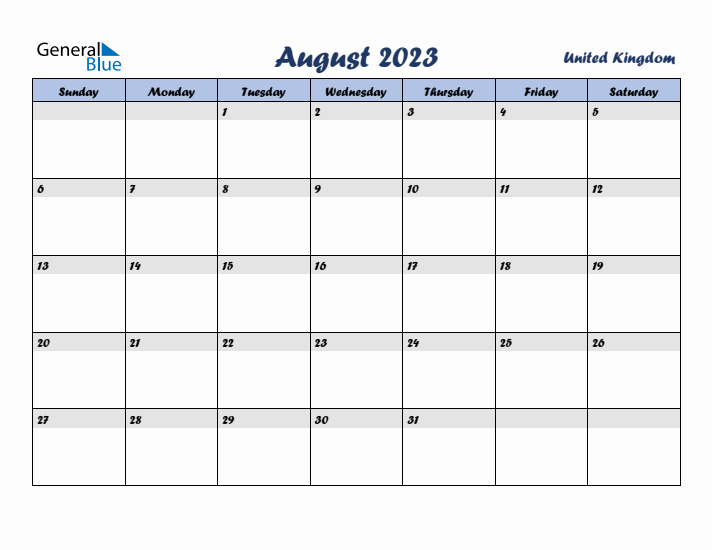August 2023 Calendar with Holidays in United Kingdom
