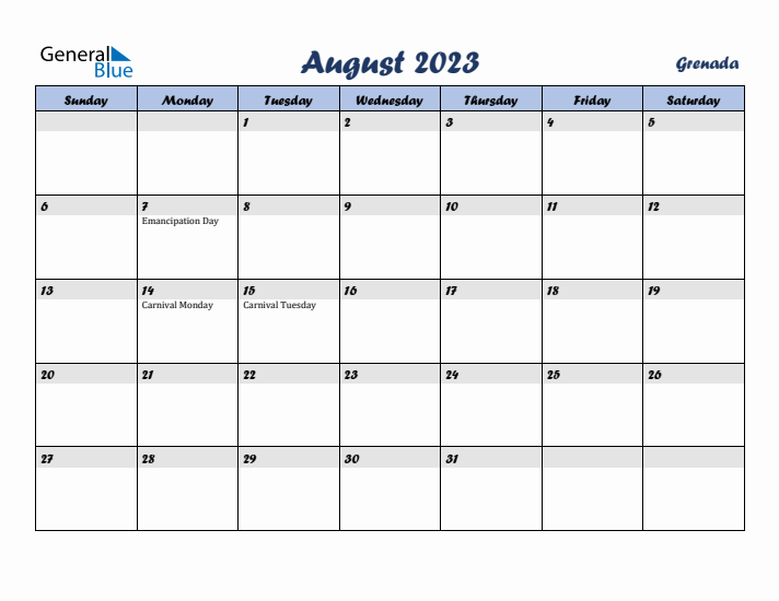 August 2023 Calendar with Holidays in Grenada