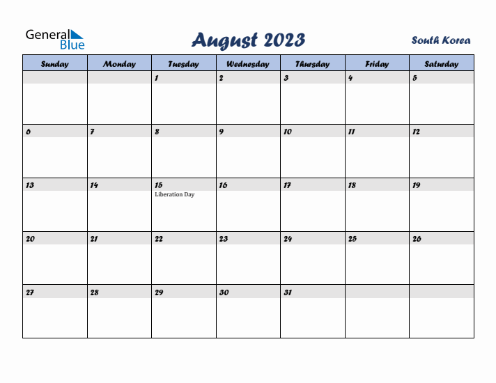 August 2023 Calendar with Holidays in South Korea