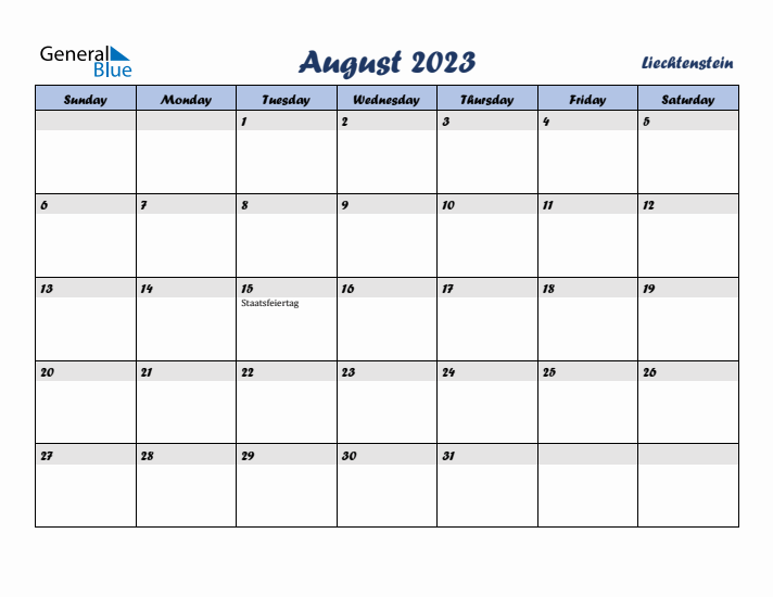 August 2023 Calendar with Holidays in Liechtenstein