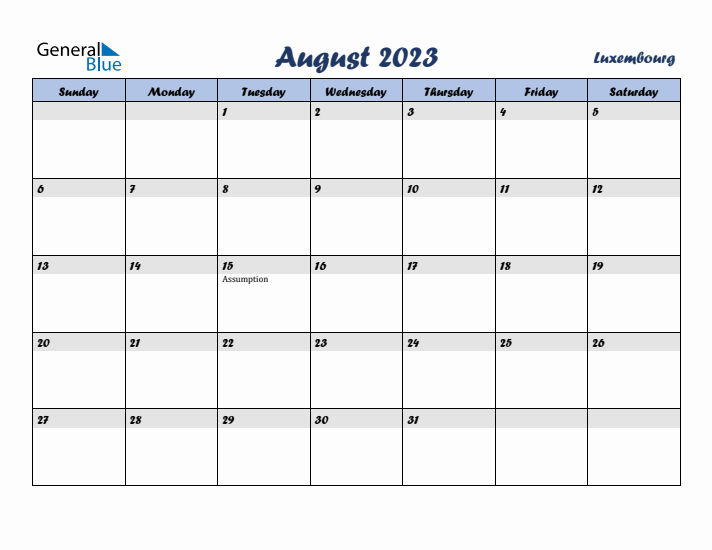 August 2023 Calendar with Holidays in Luxembourg