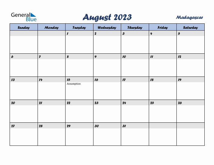 August 2023 Calendar with Holidays in Madagascar