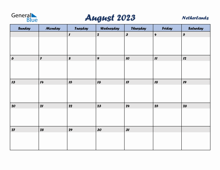 August 2023 Calendar with Holidays in The Netherlands