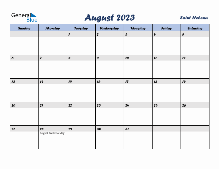 August 2023 Calendar with Holidays in Saint Helena