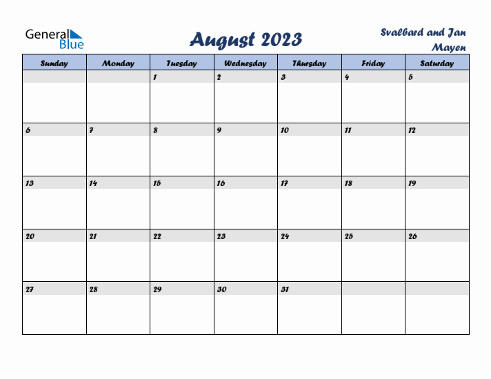 August 2023 Calendar with Holidays in Svalbard and Jan Mayen