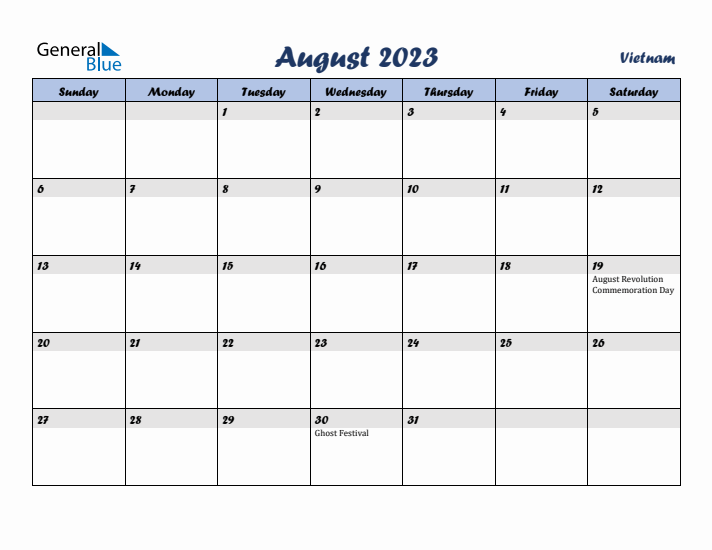 August 2023 Calendar with Holidays in Vietnam