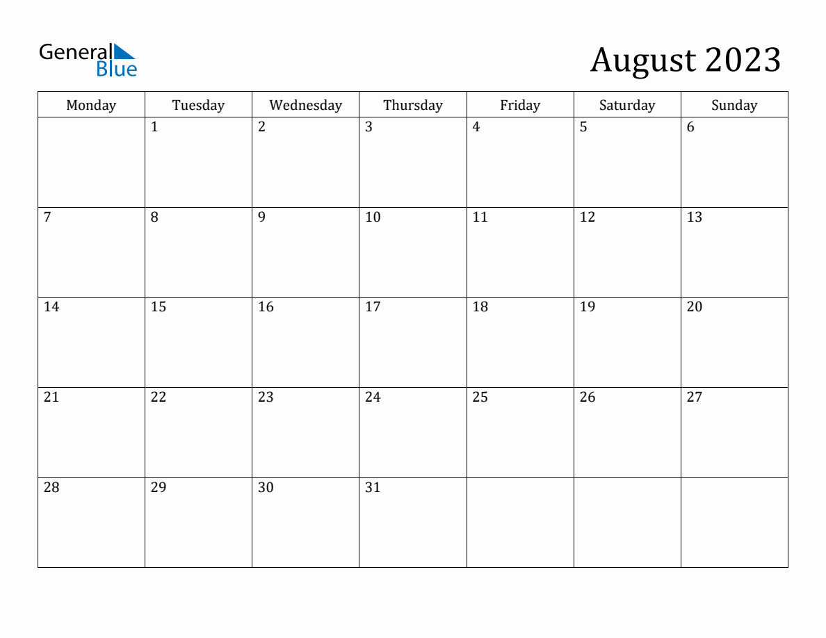 August 2023 Monday Start Calendar (PDF, Excel, Word)