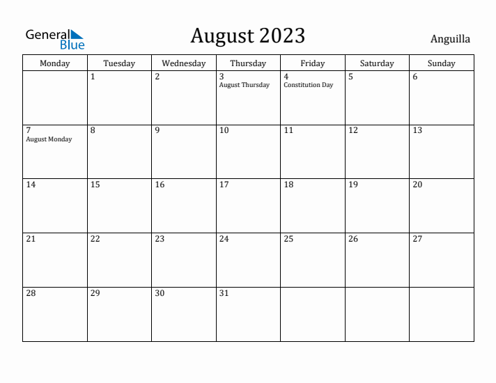 August 2023 Calendar Anguilla