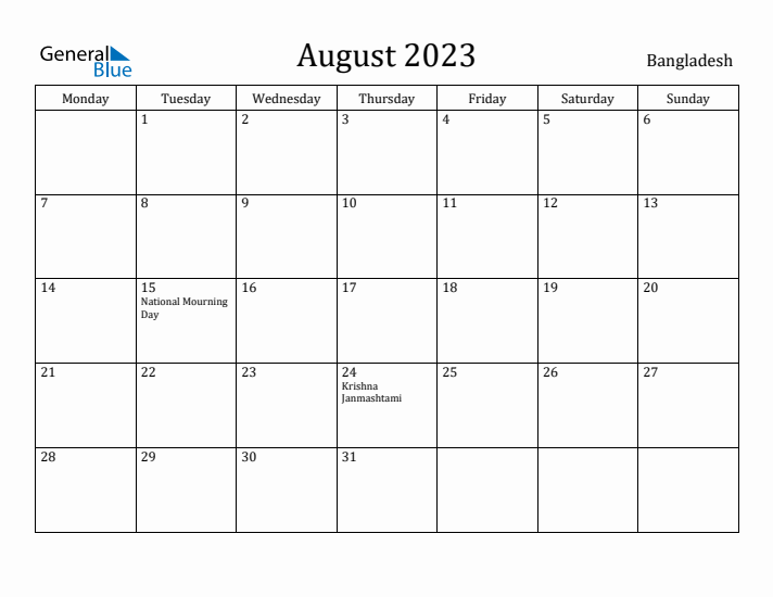 August 2023 Calendar Bangladesh