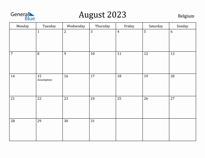 August 2023 Calendar Belgium