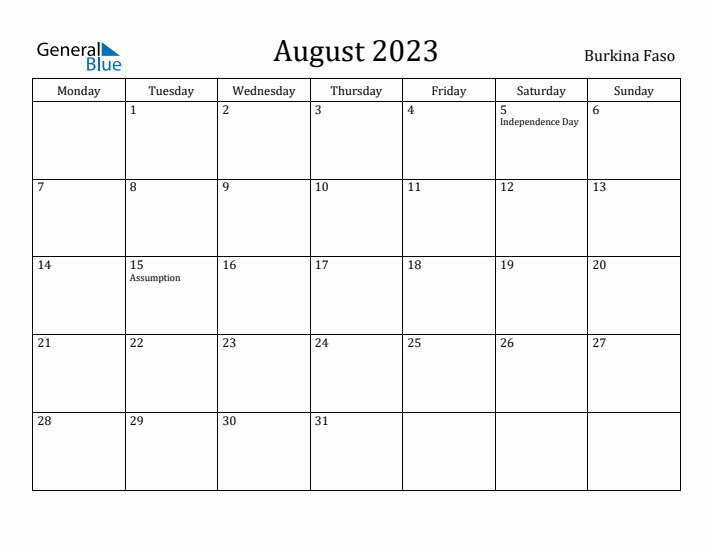 August 2023 Calendar Burkina Faso