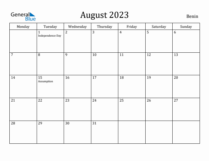 August 2023 Calendar Benin